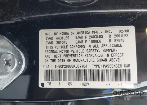 2008 Honda Accord 2.4 Ex-L из США, поврежденный, VIN 1HGCP26888A087784